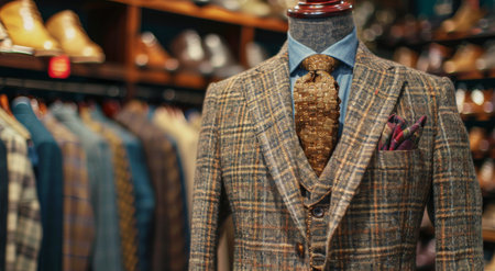 A plaid suit on a mannequin is displayed in a vintage clothing store with a wooden interior.の素材