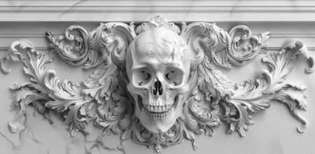 A detailed black and white photo of a sculpted human skull with floral accents, likely an antique piece of art.の素材