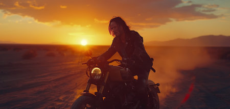 A silhouette of a motorcyclist riding along a dusty desert road as the sun sets in the distance.の素材