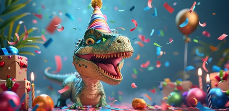 A green dinosaur wearing a birthday hat smiles and enjoys the celebratory confetti falling around it.の素材
