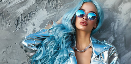 A woman with long, blue hair wears a silver jacket and poses in front of a gray wall.の素材