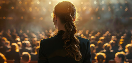 A woman stands on a stage, facing a large audience, with spotlights illuminating her.の素材