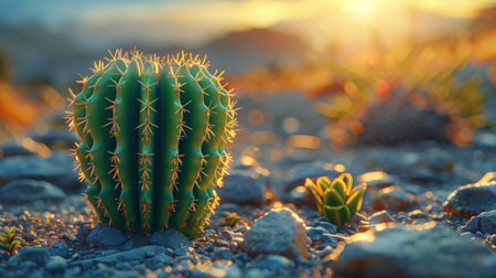 A close-up of a blooming cactus plant in a desert landscape with a blue sky and white clouds.の素材