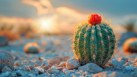 A close-up of a blooming cactus plant in a desert landscape with a blue sky and white clouds.の素材