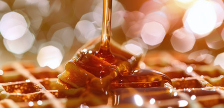 Golden waffles are being drizzled with syrup.の素材