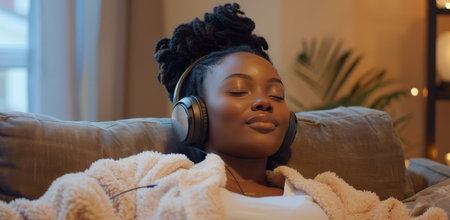 A woman lays on a couch wearing headphones, relaxed with her eyes closed.の素材