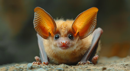 A close-up shot of a small, golden bat with large, orange ears sitting on the ground.の素材