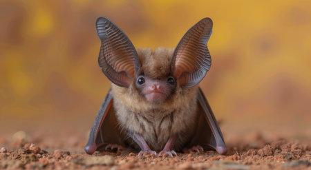 A close-up shot of a small, golden bat with large, orange ears sitting on the ground.の素材