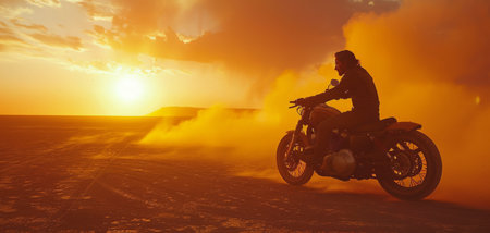 A man in sunglasses rides a motorcycle on a desert road as the sun sets.の素材