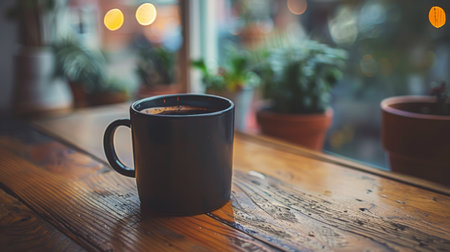 A close-up shot of a full cup of coffee on a wooden table in front of a window.の素材