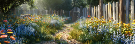A stone path lined with colorful flowers leads through a lush garden, bordered by a wooden fence.の素材