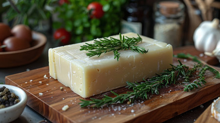 A close-up photo of a block of parmesan cheese on a wooden cutting board with rosemary sprigs.の素材