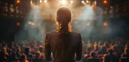 A woman speaker with blonde hair stands facing a large audience, giving a presentation at an evening conference.の素材