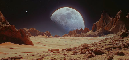 A full moon hangs high in the sky above the Wadi Rum desert in Jordan. The sand is illuminated by the moons light, creating a stark, beautiful scene.の素材