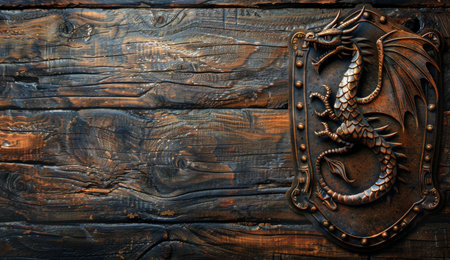 A close-up image of a detailed metal dragon sculpture on a dark wooden plank background.の素材