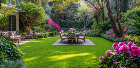 A beautifully landscaped backyard with green grass, lush tropical plants, and a dining table set for a meal.の素材