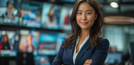 A woman in a blue suit confidently poses in an office setting, showing her professional demeanor.の素材