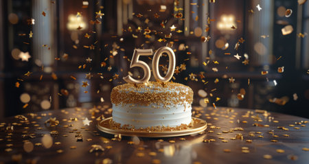 A white cake with golden stars and the number 50 on top, surrounded by falling confetti.の素材