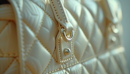 A close-up shot of a white leather handbag with gold hardware. The image focuses on the strap and the metal ring.の素材