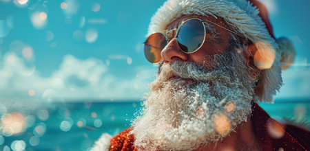 Santa Claus wearing sunglasses and a white beard looks out over the ocean while on a tropical beach.の素材
