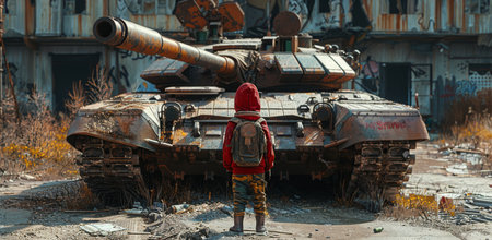 A young boy stands in front of a military tank in a forest setting. The setting sun casts a warm glow over the scene.の素材