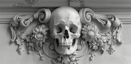 A detailed black and white photo of a sculpted human skull with floral accents, likely an antique piece of art.の素材