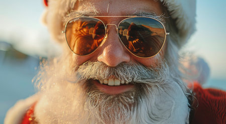 A close-up portrait of Santa Claus wearing sunglasses while standing on a beach at sunset.の素材