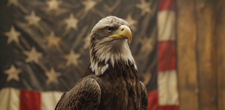 A close-up portrait of a bald eagle looking to the right against a blurred American flag background.の素材