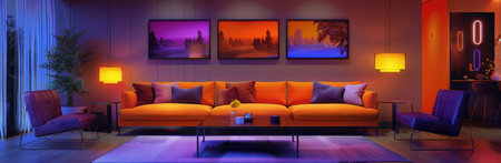 A modern living room with warm LED lights illuminating the furniture and artwork.の素材