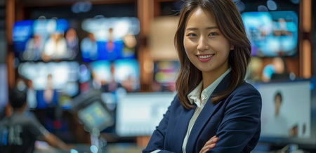 A woman in a blue suit confidently poses in an office setting, showing her professional demeanor.の素材