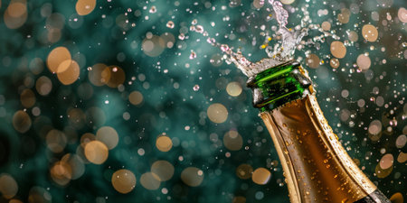 A champagne bottle is submerged in water, creating a beautiful splash and bubbles.の素材