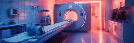 A hospital room with an MRI machine in the center. The room is empty and ready for a patient to be scanned.の素材