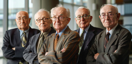 A group of four elderly men in suits stand together with arms crossed in a modern office building.の素材