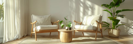 A modern living room interior with two white cushioned chairs and a small wooden table, set against a backdrop of sunlight streaming through a window.の素材