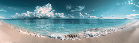 A panoramic view of a tropical beach with white sand, clear blue water, and a bright blue sky with fluffy clouds.の素材