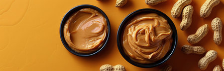 A bowl of creamy peanut butter surrounded by peanuts on a bright yellow background.の素材