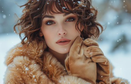 A young woman with curly brown hair and a fur coat poses in a snowy winter setting.の素材