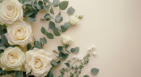 A close-up image of white roses and eucalyptus sprigs arranged on a cream-colored background. The roses are in focus and have a delicate, soft look.の素材