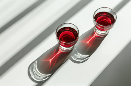 Two glasses of red liquid sit on a white surface with shadows cast by sunlight.の素材