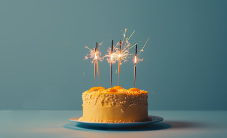 A yellow cake with sparklers lit on top sits on a cake stand in front of a teal background.の素材