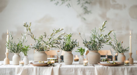 Three white candles, lit and unlit, are displayed on a white table with a white cloth. White vases with greenery complete the minimalist arrangement.の素材