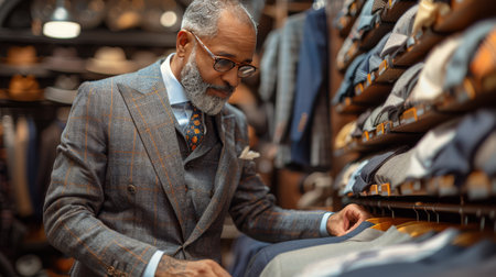 A man in a plaid suit examines a piece of plaid fabric in a clothing store.の素材