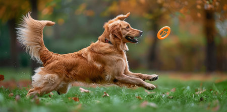 A golden retriever dog leaps high in the air, mouth open, chasing after a round treat.の素材