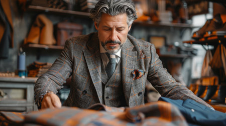 A man in a plaid suit examines a piece of plaid fabric in a clothing store.の素材
