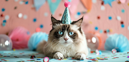 A grumpy-looking cat wearing a colorful party hat sits surrounded by confetti.の素材