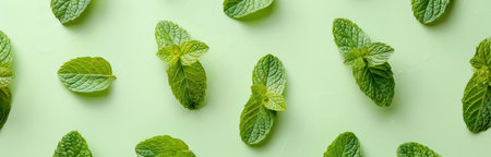 A flat lay image featuring fresh, green mint leaves scattered on a light green background.の素材