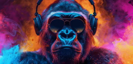 A close-up image of a gorilla wearing headphones and sunglasses, looking relaxed and enjoying music. The background features a vibrant sunset with clouds.の素材