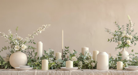A close-up image of a wooden shelf decorated with white candles and a variety of white flowers in vases. The background is a light-colored wall.の素材