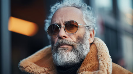 A close-up portrait of a senior man with gray hair and a beard, wearing sunglasses and a shearling coat, looking directly at the camera.の素材