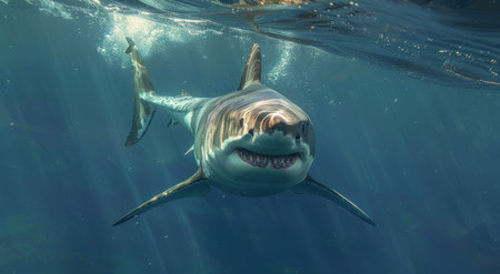 A great white shark swims gracefully through the blue ocean water, illuminated by sunlight.の素材
